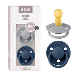 BIBS De Lux Soother 2-Pack, BPA Free Dummy Pacifier, Round Nipple. Natural Rubber Latex, Size 2 (6-18 Months), Cloud/Steel Blue