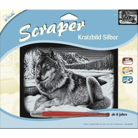 MAMMUT 137011 - Kratzbild, Motiv Wolf, silber, glänzend, quer, Komplettset mit Kratzmesser und Übungsblatt, Scraper, Scratch, Kritzel, Kratzset für Kinder ab 8 Jahre