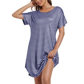 ENJOYNIGHT Women's Nightgowns Short Sleeve Sleepwear Casual Stripe Print Nightshirts with Pockets(X-Large,DB-line)