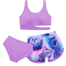 Girls Swimsuit 3 Piece High Waist Sport Bathing Suit Quick Dry Bikini Tankini Sets with Shorts for 7-16 (US, Age, 13 Years, Purple)