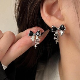 Atentuyi Black Crystal Bow Earrings Silver Bow Crystal Earrings Black Stud Earrings Black Onyx Earrings Mini Cz Drop Earrings Tiny Cross Dangle Earrings Jewelry for Women and Girls