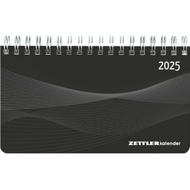 Zettler - Horizontal Calendar Mini 2025 Black, 15.6 x 9 cm, Office Calendar with 128 Pages, 1 Week on 2 Pages, Daily and Week Counting, Monthly Overview, Spiral Bound and International Calendar
