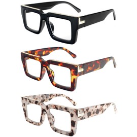 REAVEE 3 Pack Oprah Style Reading Glasses for Women Men, Blue Light Blocking Readers Stylish Square with Spring Hinge, Black/Leopard/Grey Leopard 2.75