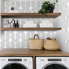 LiKiLiKi Geometric Peel and Stick Wallpaper Modern Black and White Wallpaper Boho Contact Paper Removable Self-Adhesive Decorative Wallpaper for Cabinets Bathroom Bedroom Kitchen Vinyl Roll 17.3”x118”