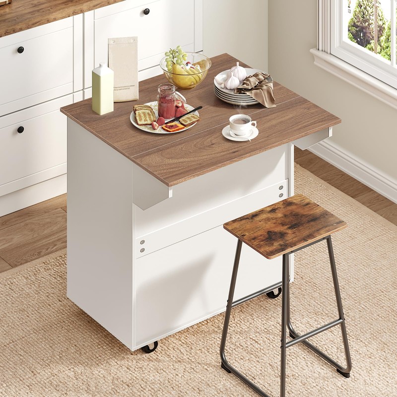 MAHANCRIS Kitchen Island on Wheels with Drop Leaf, Folding Countertop