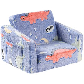 Furnishh Kids Sofa Couch Fold Out, Baby Toddler Comfy Soft Chair for Boys Girls, Flip Out Foldable Children 2 in 1 Convertible Sofa to Lounger, Folding Child Sleeper for Playroom, Dinasor