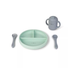 SARO "Food & Fun" 3-Piece Baby Feeding Set: Suction Plate, Spill-Proof Cup & Ergonomic Utensils for Self-Feeding (Blue Mist + Mint)