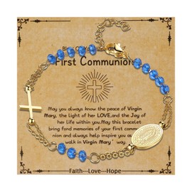 OIDEA Virgin Mary Cross Rosary Bracelet: Gold Catholic Beaded Bracelets for Women Virgin of Guadalupe Adjustable Link Chain Bracelet First Communion Jewelry Gifts, Blue Beads