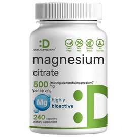 DEAL SUPPLEMENT- Citrato de Magnesio 500mg, 240 Cápsulas  Rastros Minerales Purificados y Fácilmente Absorbidos  Músculo, Corazón y                   