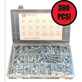 Fasteners Inc Grade 5 Hex Bolts Cap Screws, Nuts & Washers Assortment Kit - 380 Pieces!