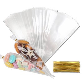 LOMIMOS 100pcs 6X12in Cone Shaped Cellophane Treat Bags，Clear Triangle Plastic Cello Goody Bags with Colorful Twist Ties for Handmade Bakery Popcorn Cookie Dessert Festival Party Favor