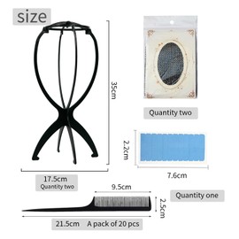 2 x Wig Holders, 2 x Hair Net, 1 x Pointed Tail Comb, 1 x Wig Foil, Portable Foldable and Removable Plastic Stand(Black), Daily Use