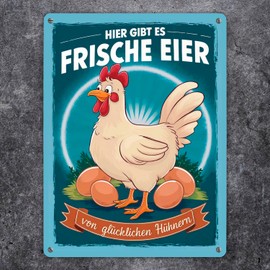 Fresh Eggs of Happy Chickens Metal Sign XL in 21 x 28 cm with Chicken with White Feather Dress and Red Comb on Robust Sign Ideal for the Farm Shop
