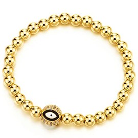 Women Men Gold Color Beads Chain Bracelet with Cubic Zirconia Charm of Evil Eye