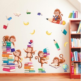DECOWALL SG2-2402 Book and Monkey Wall Sticker Decor Kindergarten Nursery Kids Room DIY Wall Decal Wall Art Sticker Boy Girls Children Bathroom Decor Bedroom Teen Kids Wallpaper Wallpaper Furniture