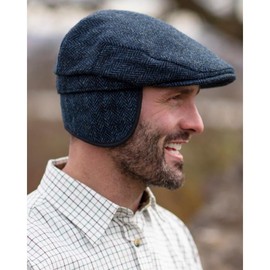 WALKER AND HAWKES - Harris Tweed Edward Flat Cap w/Foldable Ear Flaps - Midnight Blue - X-Large (60cm)
