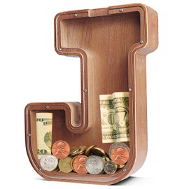 UBeesize 12in Extra Large Wooden Piggy Bank,Letter Piggy Bank for Boys Girls,Money Coin Bank for Kids,Christmas,Birthday,Children“s Gift and Home Office Decoration（J）