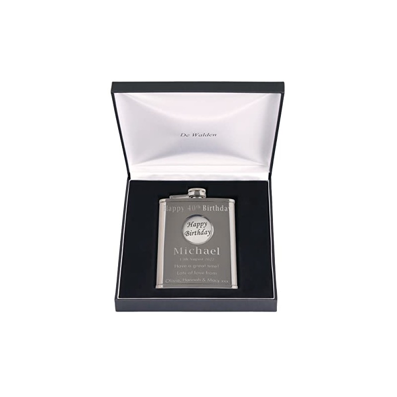 40th Birthday Engraved Hip Flask Happy Birthday Feature in Gift