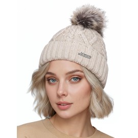 Neverless® Women's Bobble Hat with Fleece Lining Bobble Hat Knitted Beanie Winter Hat, Julie Light Beige, Unit size