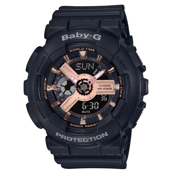 Casio BA-110 Series Baby-G Wristwatch, Black x Pink Gold, Rose Gold Metallic Design Watch