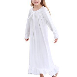 PUFSUNJJ Kids Girls Soft Cotton Nightgown Sleepwear Dress Toddler 3-12 Years Off-white