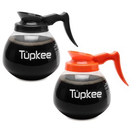 Tupkee Glass Replacement Coffee Pot - SHATTER-RESISTANT Commercial Restaurant Decanter Carafe - 64 oz 12 Cup Set of 2 - 1 Black and 1 Orange Decaf, Compatible with Wilbur Curtis, Bloomfield, Bunn Pot