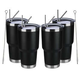 MEWAY 30oz Insulated Tumbler With Lids and Straws,Stainless Steel Double Vacuum Coffee Tumbler Cup, Brush, Durable Powder Coated Coffee Cup for Cold & Hot Drinks, Office, Travel(Black,4 PACK)