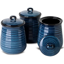 Tikooere Ceramic Food Storage Jars,25 Oz Porcelain Kitchen Canisters with Airtight Lids Set of 3,Flour Containers for Countertop,Farmhouse Decor Serving Ground Coffee,Tea,Sugar,Pasta and Rice,Blue