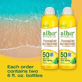 Alba Botanica Protector solar en aerosol para rostro y cuerpo, protector solar SPF 50 de amplio espectro, coco hawaiano, resistente al agua y biodegra