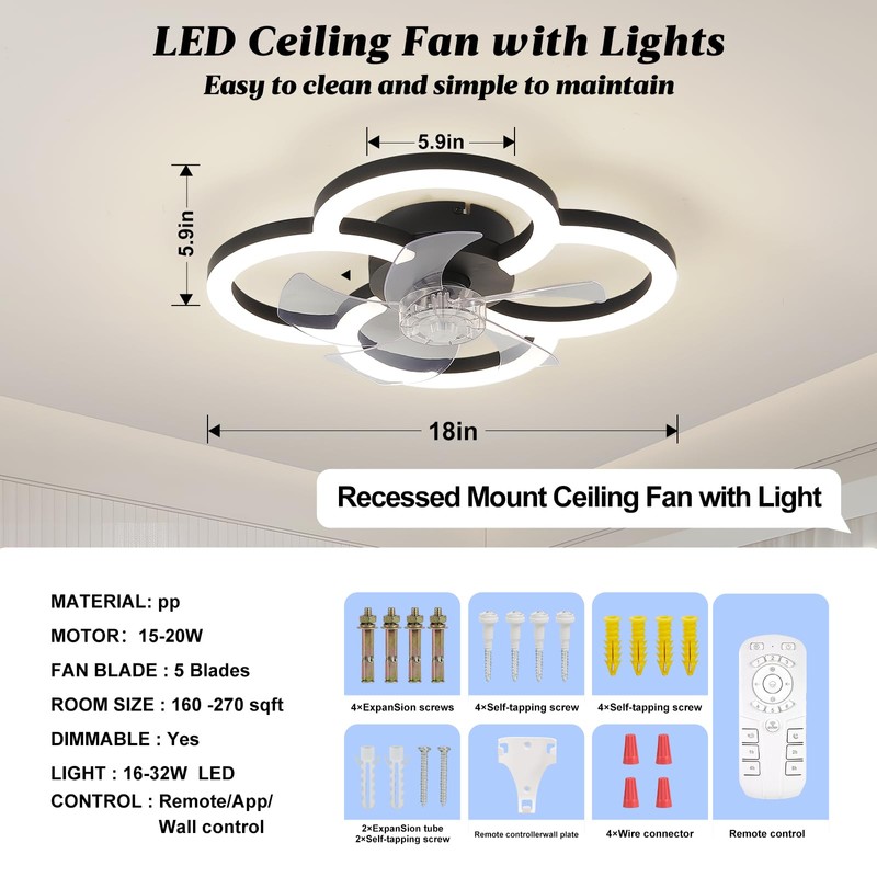 FTZVRD Ceiling Fans with Lights and Remote, Flush Mount Ceiling