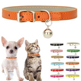 Orange XXS Kitten Collar with Bell, Soft Pu Leather Dog Collars Adjustable Buckle for XS Extra Small Medium Tiny Female Male Boys Girls Pets Cats Puppy Teacup Yorkie XX-Small
