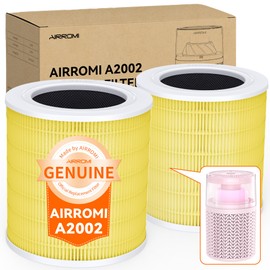 AIRROMI A2002 HEPA Air Purifier Replacement Filter, 3-In-1 Original Filter, Remove 99.97% of 0.3 Micron Particle 2 Pack Pets Filter Yellow