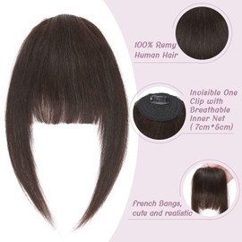 SLEEKALON Human Hair Extensions Clip in Bangs & Fringe Bangs - Brown, Thick, Natural Color #02-Dark Brown