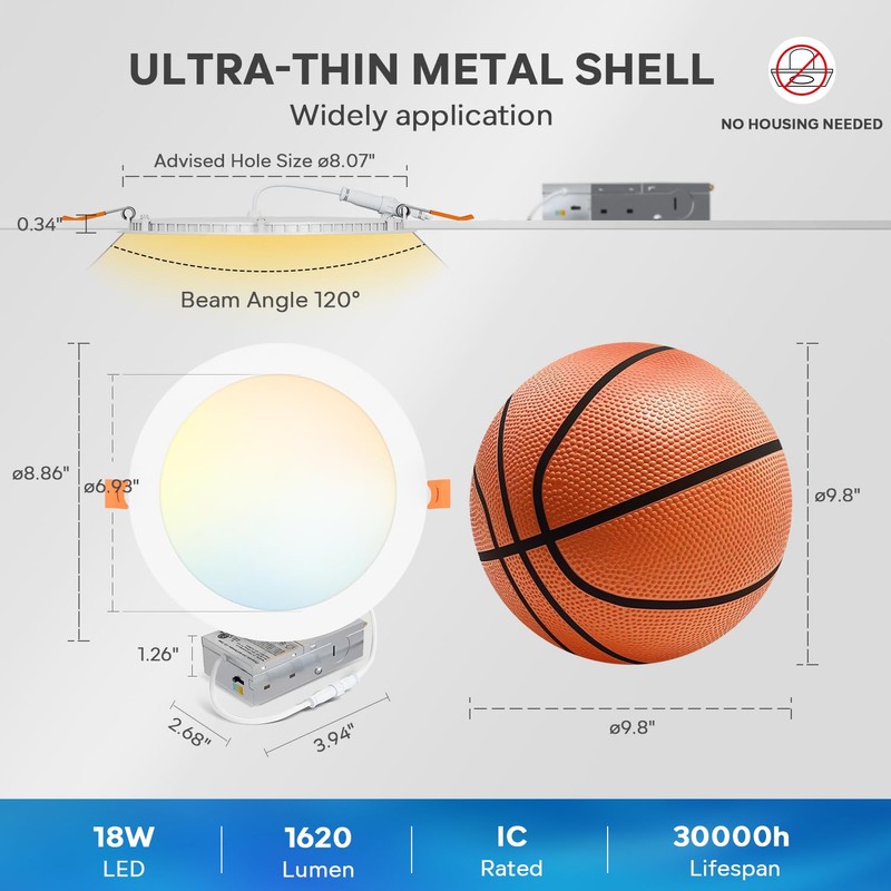 LVWIT Ultra-Thin Recessed Lighting 8 Inch with Junction Box, 1620LM