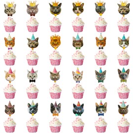 48 Pieces Cat Face Cupcake Toppers Cute Cat Head Cupcake Toothpicks for Cat Themed Birthday Party Favors, Cat Birthday Party Supplies Decorations