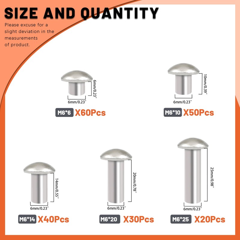 Tanstic 200Pcs M6 Solid Aluminum Brazier Head Rivets, 6mm 10mm