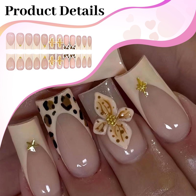 LunarCharm 24 Pieces French Tip Press-on Nails with Leopard Pattern,