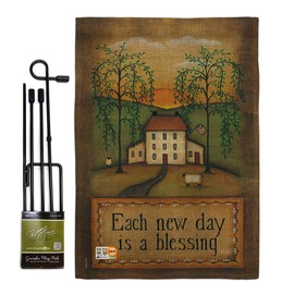 Sweet Home Each New Day Burlap Garden Flag Set with Stand Expression Welcome Happy PlaceFarmhouse Floral Family Life Small Decorative Gift Yard House Banner Double-Sided Made In USA 13 X 18.5