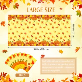 Queekay 8 Pcs Thanksgiving Tablecloth Fall Disposable Plastic Tablecloth 54" x 108" Harvest Party Decor Autumn Maple Leaf Pumpkin Berries Party Table Cover Rectangle Waterproof Decoration