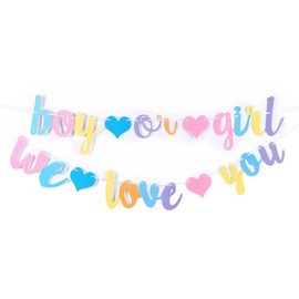 Baby Shower Banner Kit,Boy or Girl We Love You Gender Reveal Bunting Flag Baby Gender Show Party Favors Decorations Pregnancy Announcement