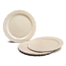 " OCCASIONS " 150 Pieces set (25 Guests)-Vintage Wedding Plastic Plates & cutlery -Disposable Dinnerware 10'', 7.5'' + Silverware w/double fork (Verona Plain Ivory)