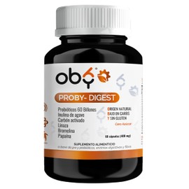 OBY Probioticos 60 Billones, Prebióticos, Inulina de Agave, Enzimas digestivas Bromelina y Papaina, Fibra Linaza y Carbón Activado Vegetal de Coco....