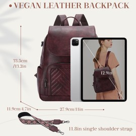 VASCHY Backpack for Women, Chevron Quilted Vegen Leather Flap Backpack Convertible Rucksack Handbag for Ladies with Guitar Strap Burgundy