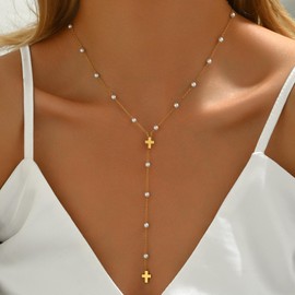 Kyazeo Lariat Necklace for Women 18K Gold Plated Dainty Pearl Y-Shaped Pendant Necklace Tiny cross Drop Pendant Simple Gold Jewelry