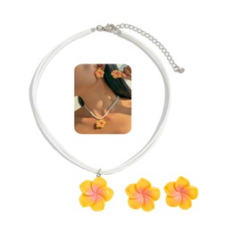 vdwv Hawaiian Jewelry Set for Women Tropical Plumeria Earrings Necklace for Women Luau Beach Party Jewelry Sweet Hibiscus Pendant Necklace Flower Stud Earrings, 14.1 Inches, Cord Acrylic, No Gemstone