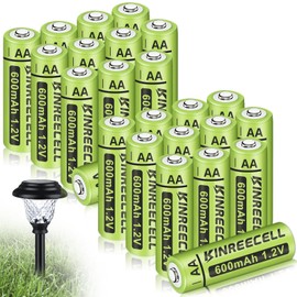 KINREECELL Rechargeable AA Batteries, Ni-MH Double A Solar Batteries High Capacity 1.2V Pre-Charged for Outdoor Solar Lights, String Lights Pathway Lights (AA-600mAh-24pack)
