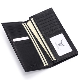 HISCOW Bifold Long Wallet with 15 Credit Card Slots - Italian Calfskin (Pebbled Black)