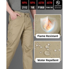 BOCOMAL FR Pants for Men Classic 5 Pockets Relaxed Fit Elastic Waist Water/Stain Repellent Work Jeans NFPA 2112/CAT2 Khaki