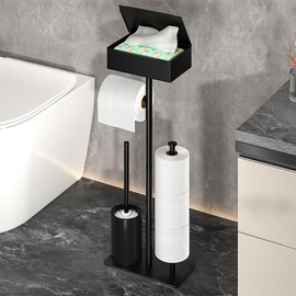 Freestanding Toilet Paper Holder Stand with Storage Box, Tissue Dispenser, Brush Holder, Black Metal, 23.6 x 9.4 x 4.7 Inch, 3-Roll Reserve