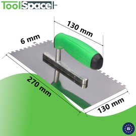 ToolSpace Premium notched trowel for plaster and glue, tooth trowel with stainless steel blade, made in the EU, toothed smoothing trowel, durable, comfortable and versatile, 13 cm x 27 cm, 6 mm tooth